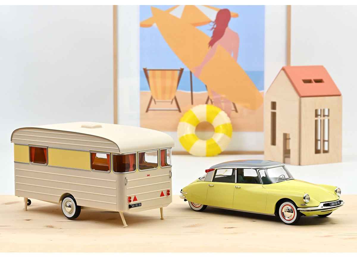 Citroën DS 19 1960 Jaune Jonquille + Caravane Digue Panoramic 1/18