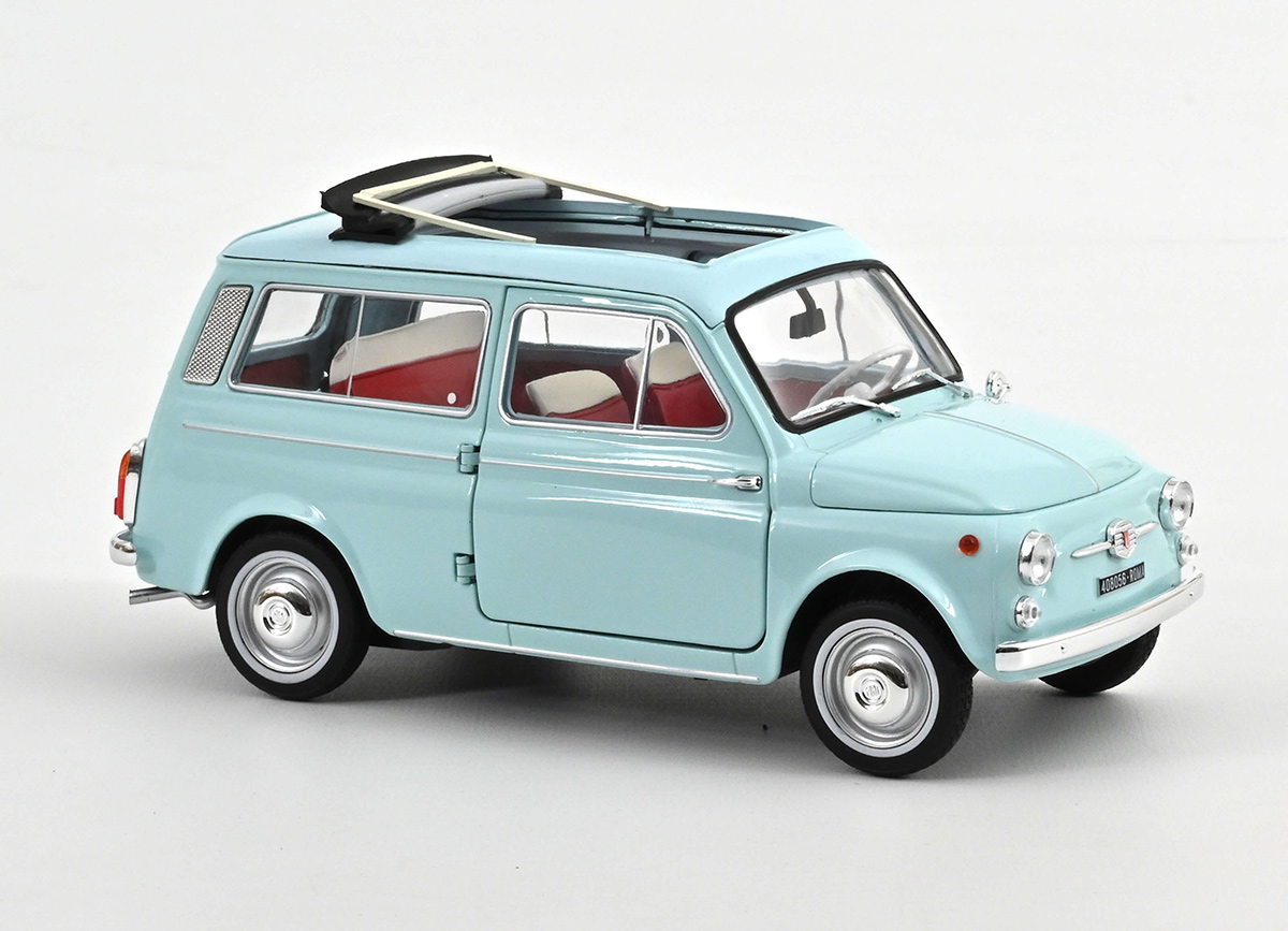 Fiat 500 Giardiniera 1964 Acquamarina Blue Norev 1:18 Metallmodell 2 Türen, Motorhaube und Kofferraum zu öffnen!