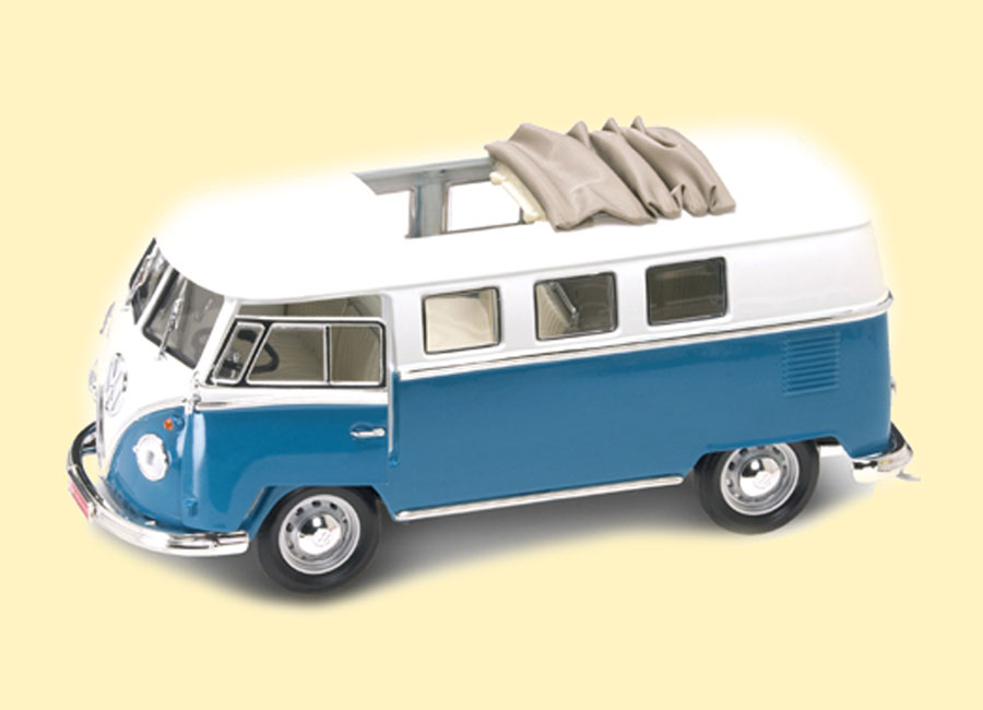 VW Microbus "Bully" 1962 mit beweglichem Rolldach blau/weiß Road Signature 1:18