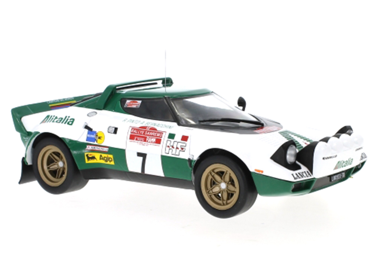 Lancia Stratos HF, No.7, Rally San Remo, R.Pinto/A.Bernacchini, 1977 IXO 1:18 Metallmodell (Türen/Hauben nicht zu öffnen!)