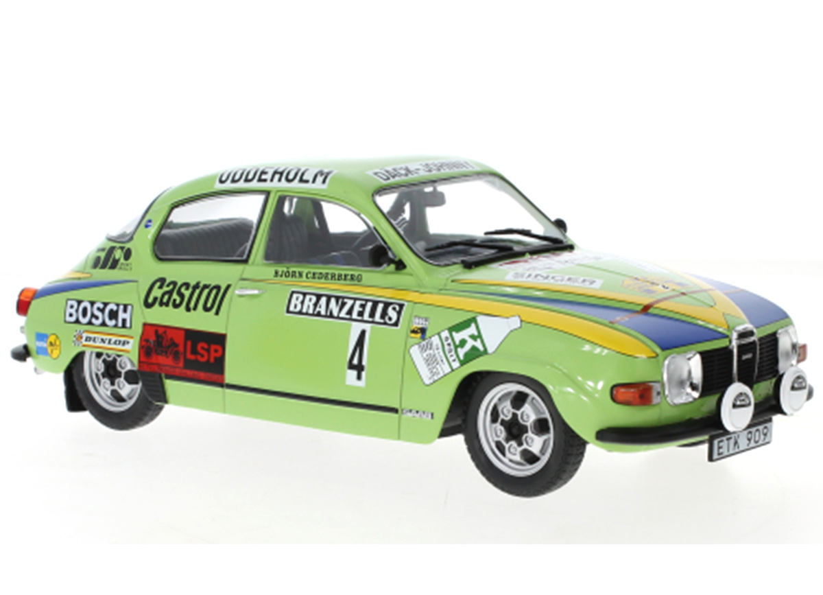 Saab 96 V4, No.4, Rallye WM, Rallye Schweden, P.Eklund/B.Cederberg, 1976 IXO 1:18 Metallmodell (Türen/Hauben nicht zu öffnen!)