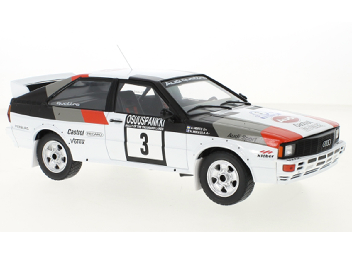 Audi Quattro, No.3, 1000 Lakes Rally, H.Mikkola/A.Hertz, 1982 IXO 1:18 Metallmodell (Türen/Hauben nicht zu öffnen!)