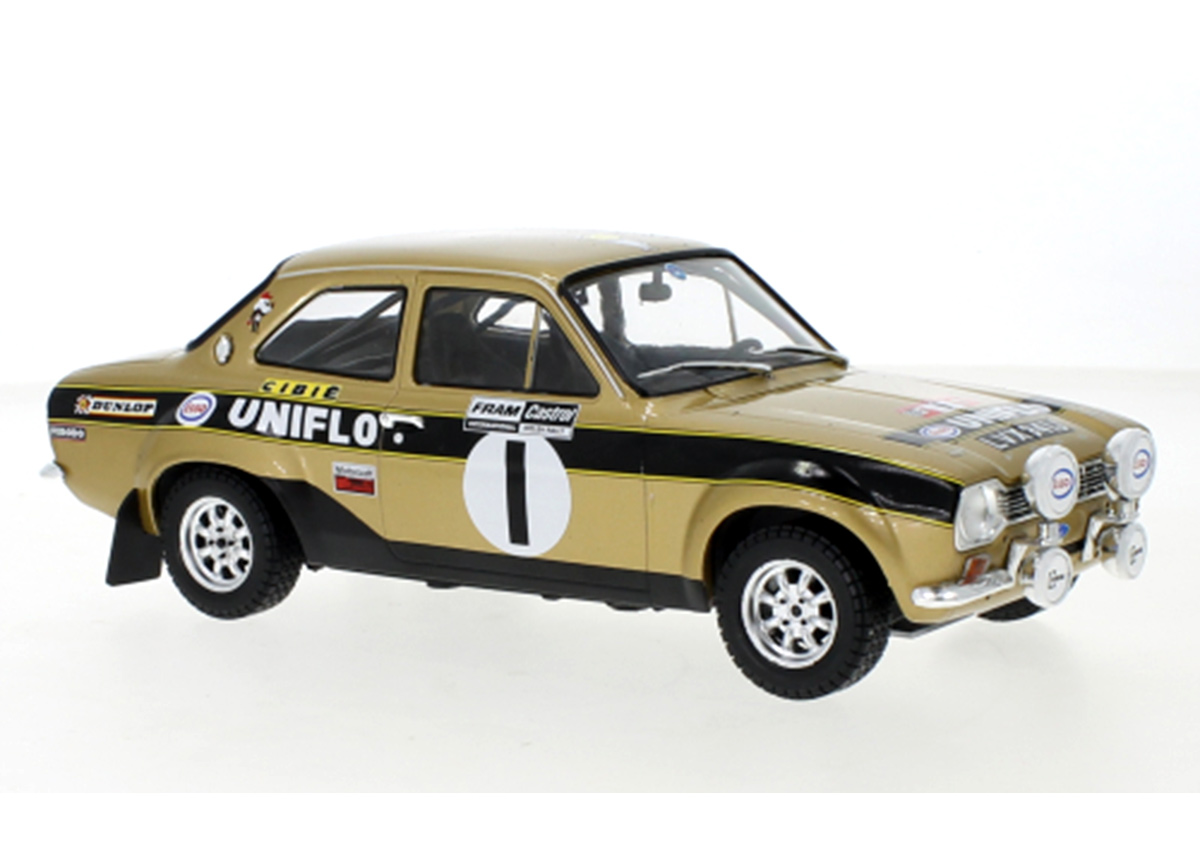 Ford Escort MKI RS 1600, No.1, Welsh Rally, Old Gold, R.Clark/J.Porter, 1972 IXO 1:18 Metallmodell (Türen/Hauben nicht zu öffnen!)