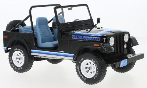 Jeep CJ-7 Renegade, schwarz/blaues Dekor, 1980 MCG 1:18 Metallmodell, Türen und Hauben nicht zu öffnen
