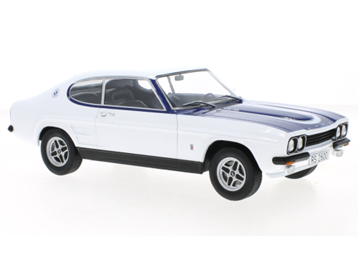 Ford Capri MK I RS 2600, weiss/blau, 1973 MCG 1:18 Metallmodell, Türen und Hauben nicht zu öffnen