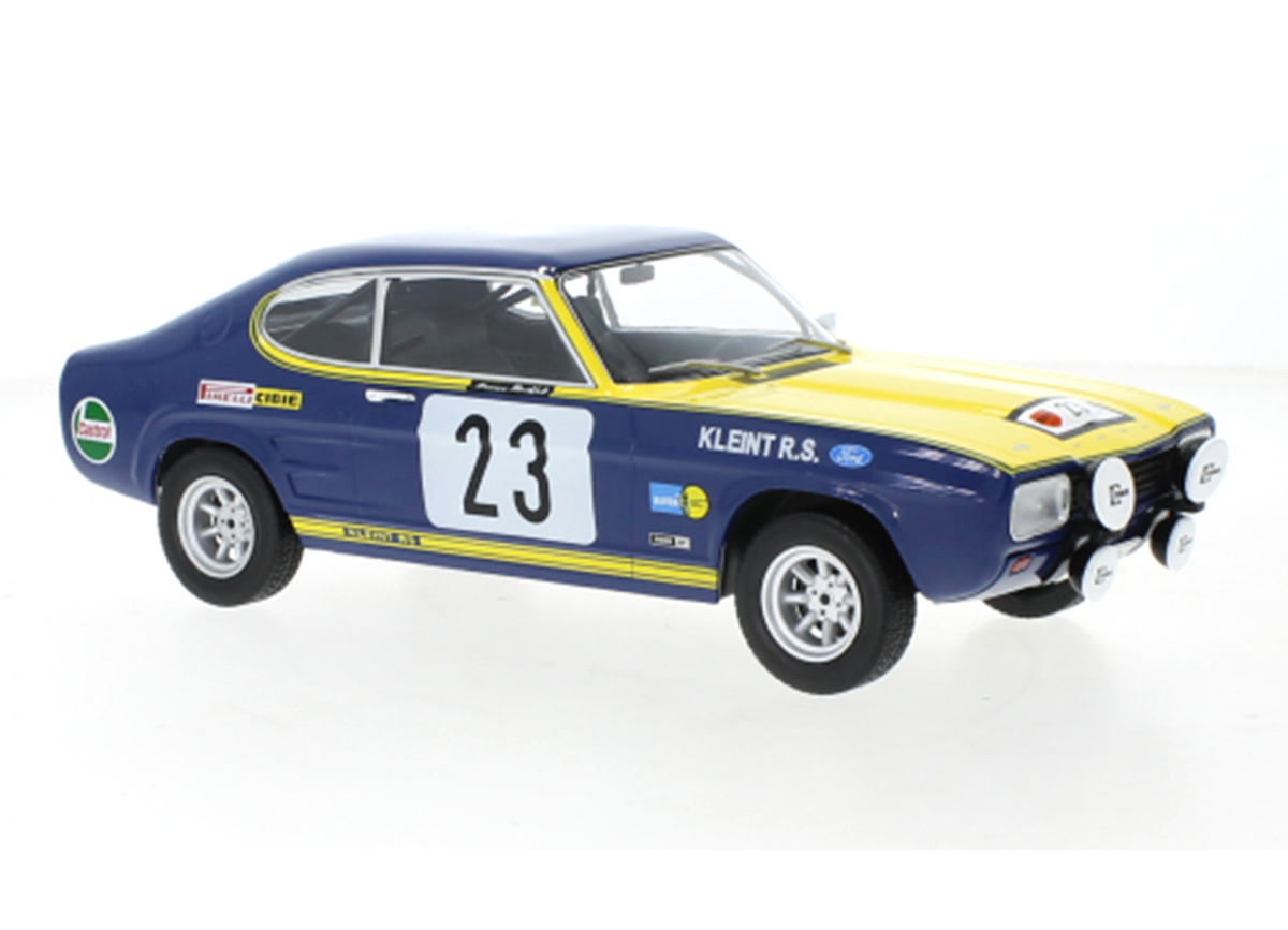 Ford Capri Mk I, No.23, Olympia Rally, 1972 W.Röhrl/H.Rothfuß MCG 1:18 Metallmodell, Türen und Hauben nicht zu öffnen