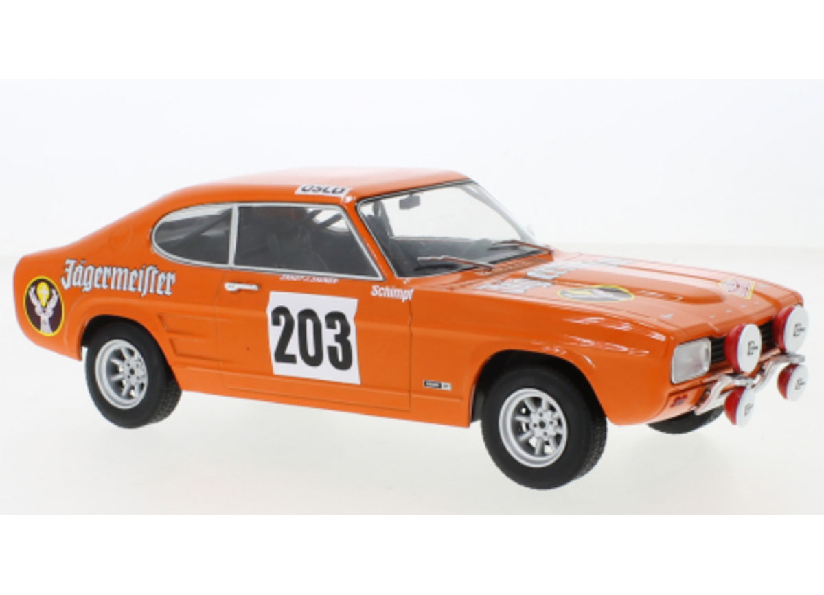 Ford Capri Mk I, No.203, Rallye Monte Carlo, 1973 E.Schimpf/E.-J.Zauner MCG 1:18 Metallmodell, Türen und Hauben nicht zu öffnen