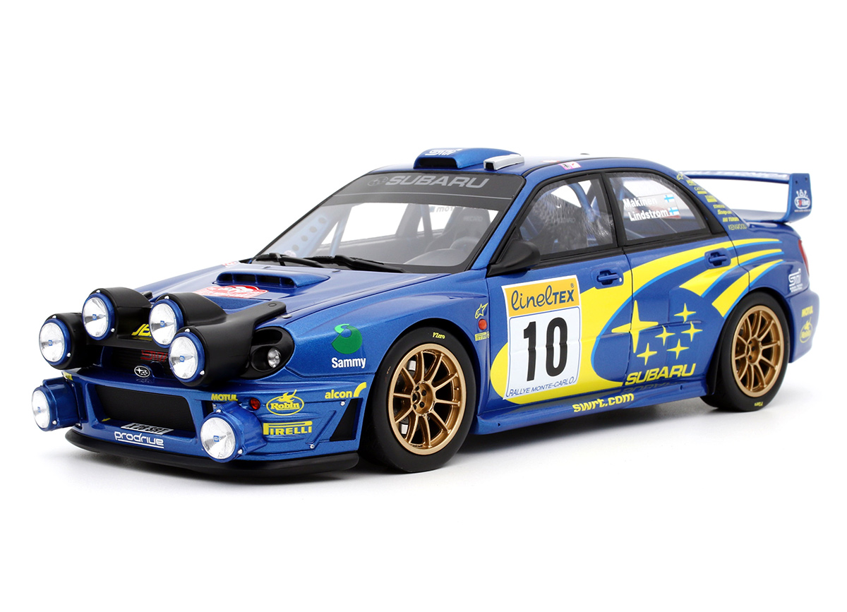 SUBARU IMPREZA WRC BLUE RALLYE MONTE CARLO 2002 T.MAKINEN - K.LINDSTROM OttO mobile 1:18 Resinemodell (Türen, Motorhaube... nicht zu öffnen!)