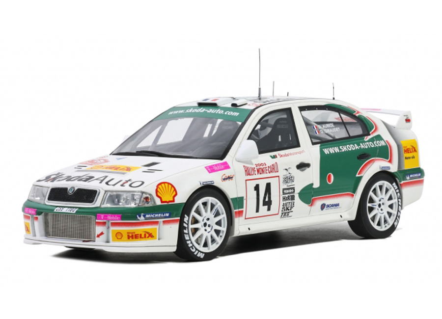 SKODA OCTAVIA WRC WHITE RALLYE MONTE CARLO 2003 D.AURIOL OttO mobile 1:18 Resinemodell (Türen, Motorhaube... nicht zu öffnen!)