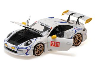 PORSCHE 911 (992) GT3RS - 2023 - WHITE/YELLOW DECOR Minichamps 1:18 Metallmodell mit zu öffnenden Hauben und Türen!  Disponible à partir de mi-septembre 2025