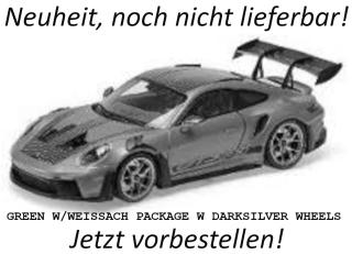 PORSCHE 911 (992) GT3 RS - 2025 - GREEN W/WEISSACH PACKAGE W DARKSILVER WHEELS Minichamps 1:18 Metallmodell Türen, Motorhaube und Kofferraum zu öffnen!  Date de parution inconnue