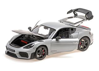 PORSCHE CAYMAN GT4 RS – 2024 -SILVER METALLIC W/ WEISSACH PACKAGE Minichamps 1:18 Metallmodell mit zu öffnenden Türen und Haube(n)