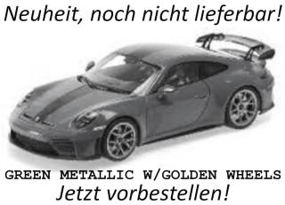 PORSCHE 911 (992.2) GT3 - 2025 - GREEN METALLIC W/GOLDEN WHEELS Minichamps 1:18 Metallmodell Türen, Motorhaube und Kofferraum zu öffnen!  Date de parution inconnue