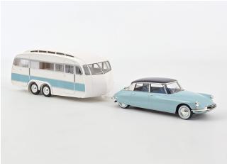 Citroën DS 19 1959 - Bleu Nuage & Aubergine & Caravane Hénon Norev 1:18