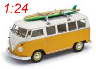 VW Teilung 1963 T1 Zelter Surfer Bus 1:24 Druckguss Blau Modell 22095b Welly 