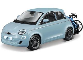 FIAT 500 2023 mit Fahrradträger hellblau Burago 1:24