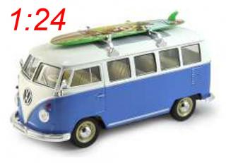 Volkswagen VW T1 Bus 1962 mit surf board blau/weiß Welly 1:24 (Similar to illustration: Surfboard is purple!)