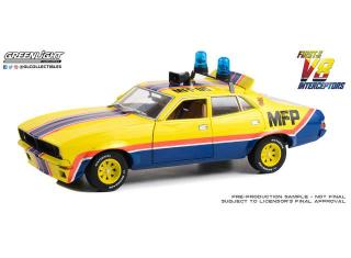 Falcon XB V8 Interceptors 1974 4-Door Sedan M.F.F #8 Big Bopper XB Police Pursuit *First of the V8 Interceptors 1979 Roop and Charlie`s*, yellow/blue Greenlight 1:18