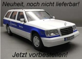 Mercedes E-Class T Model 1995 W124 *Mercedes Service car*, white/blue Triple 9 1:18 (Türen, Motorhaube... nicht zu öffnen!) <br> Date de parution inconnue (pas avant mai 2024)