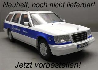 Mercedes E-Class T Model 1995 W124 *Mercedes Service car*, white/blue Triple 9 1:18 (Türen, Motorhaube... nicht zu öffnen!) <br> Date de parution inconnue (pas avant mai 2024)