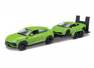 Lamborghini Urus in green with Flatbed Trailer Hauling a Lamborghini Huracan Coupe in green - Elite Transport Series Maisto 1:24