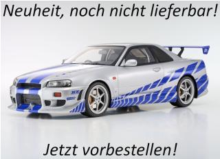 Nissan Skyline R34 GT-R 2001 "Fast & Furious" (Silver/Blue Stripes) Kyosho 1:12 Metallmodell  Date de parution inconnue (pas avant le 2. trimestre 2026)