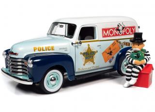 Chevrolet Panel Delivery 1948 Monopoly with Resin Figure, light green body with white roof & blue fenders monopoly graphics Auto World 1:18