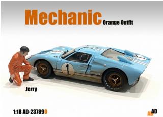 Figur Mechaniker Jerry "Reifenwechsel" orange (Auto nicht enthalten) American Diorama 1:18