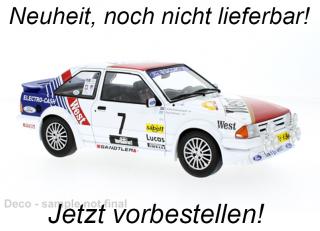 Ford Escort MK III RS Turbo, No.7, Haspengouw rally, S.Andervang/A.Schoonenwolf, 1985 IXO 1:18 Metallmodell (Türen/Hauben nicht zu öffnen!) <br> Date de parution inconnue