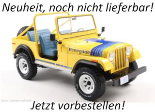 Jeep CJ-7 Renegade, hellgelb/Dekor, 1980 MCG 1:18 Metallmodell, Türen und Hauben nicht zu öffnen  Date de parution inconnue