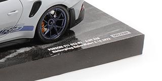 PORSCHE 911 (992) GT3 RS – 2022 – GREY MET. W/WEISSACH PACKAGE W BLUE DECOR WHEELS SINGLE NUMBERED - L.E. 649 pcs. Minichamps 1:18 Metallmodell