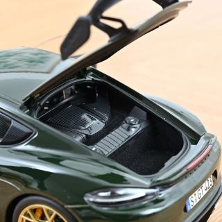 Porsche Cayman GT4 RS w/Weissach Pack 2023 Brewster Green  Norev 1:18 Metallmodell 2 Türen, Motorhaube und Kofferraum zu öffnen!