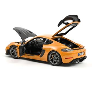 Porsche Cayman GT4 RS w/Weissach 2023 Bahama Yellow Pack  Norev 1:18 Metallmodell 2 Türen, Motorhaube und Kofferraum zu öffnen!