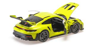 PORSCHE 911 (992) GT3RS - 2023 - ACID GREEN W BLACK WHEELS Minichamps 1:18 Metallmodell mit zu öffnenden Türen und Haube(n)