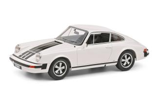 Porsche 911 Coupé (1977), weiß/schwarz mit schwarzen Streifen Schuco ProR.18 Resinemodell 1:18 (Türen, Motorhaube... nicht zu öffnen!)