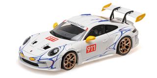 PORSCHE 911 (992) GT3RS - 2023 - WHITE/YELLOW DECOR Minichamps 1:18 Metallmodell mit zu öffnenden Hauben und Türen!