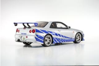 Nissan Skyline R34 GT-R 2001 \"Fast & Furious\" (Silver/Blue Stripes) Kyosho 1:12 Metallmodell
