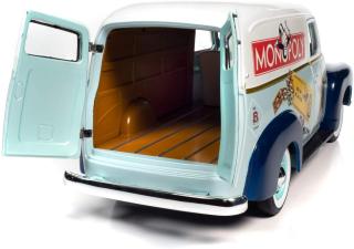 Chevrolet Panel Delivery 1948 Monopoly with Resin Figure, light green body with white roof & blue fenders monopoly graphics Auto World 1:18