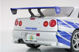Nissan Skyline R34 GT-R 2001 \"Fast & Furious\" (Silver/Blue Stripes) Kyosho 1:12 Metallmodell