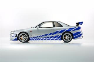 Nissan Skyline R34 GT-R 2001 \"Fast & Furious\" (Silver/Blue Stripes) Kyosho 1:12 Metallmodell