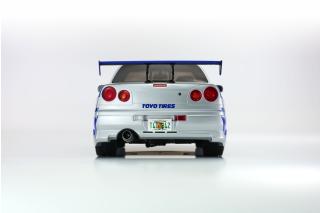 Nissan Skyline R34 GT-R 2001 \"Fast & Furious\" (Silver/Blue Stripes) Kyosho 1:12 Metallmodell