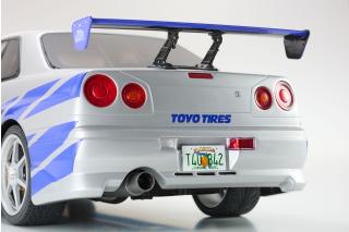 Nissan Skyline R34 GT-R 2001 \"Fast & Furious\" (Silver/Blue Stripes) Kyosho 1:12 Metallmodell