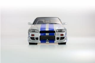 Nissan Skyline R34 GT-R 2001 \"Fast & Furious\" (Silver/Blue Stripes) Kyosho 1:12 Metallmodell