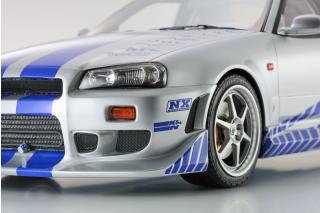 Nissan Skyline R34 GT-R 2001 \"Fast & Furious\" (Silver/Blue Stripes) Kyosho 1:12 Metallmodell