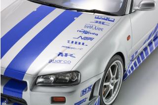Nissan Skyline R34 GT-R 2001 \"Fast & Furious\" (Silver/Blue Stripes) Kyosho 1:12 Metallmodell