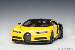 BUGATTI CHIRON 2017 (JAUNE MOLSHEIM YELLOW/NOCTURNE BLACK) (COMPOSITE MODEL/FULL OPENINGS + WORKABLE REAR SPOILER) AUTOart 1:18