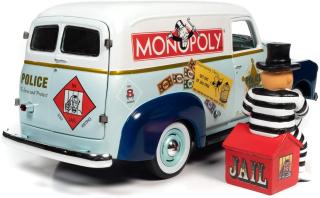 Chevrolet Panel Delivery 1948 Monopoly with Resin Figure, light green body with white roof & blue fenders monopoly graphics Auto World 1:18