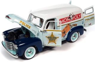 Chevrolet Panel Delivery 1948 Monopoly with Resin Figure, light green body with white roof & blue fenders monopoly graphics Auto World 1:18