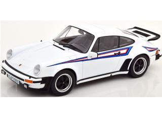 Porsche 911 (930) 3.0 Turbo 1976 weiß mit rot/blauen-Streifen KK-Scale 1:18 Metallmodell (Türen, Motorhaube... nicht zu öffnen!)