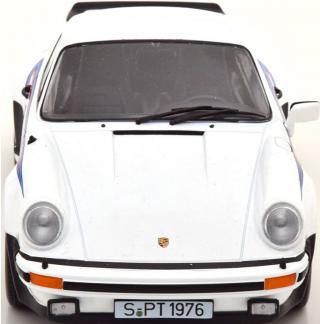 Porsche 911 (930) 3.0 Turbo 1976 weiß mit rot/blauen-Streifen KK-Scale 1:18 Metallmodell (Türen, Motorhaube... nicht zu öffnen!)